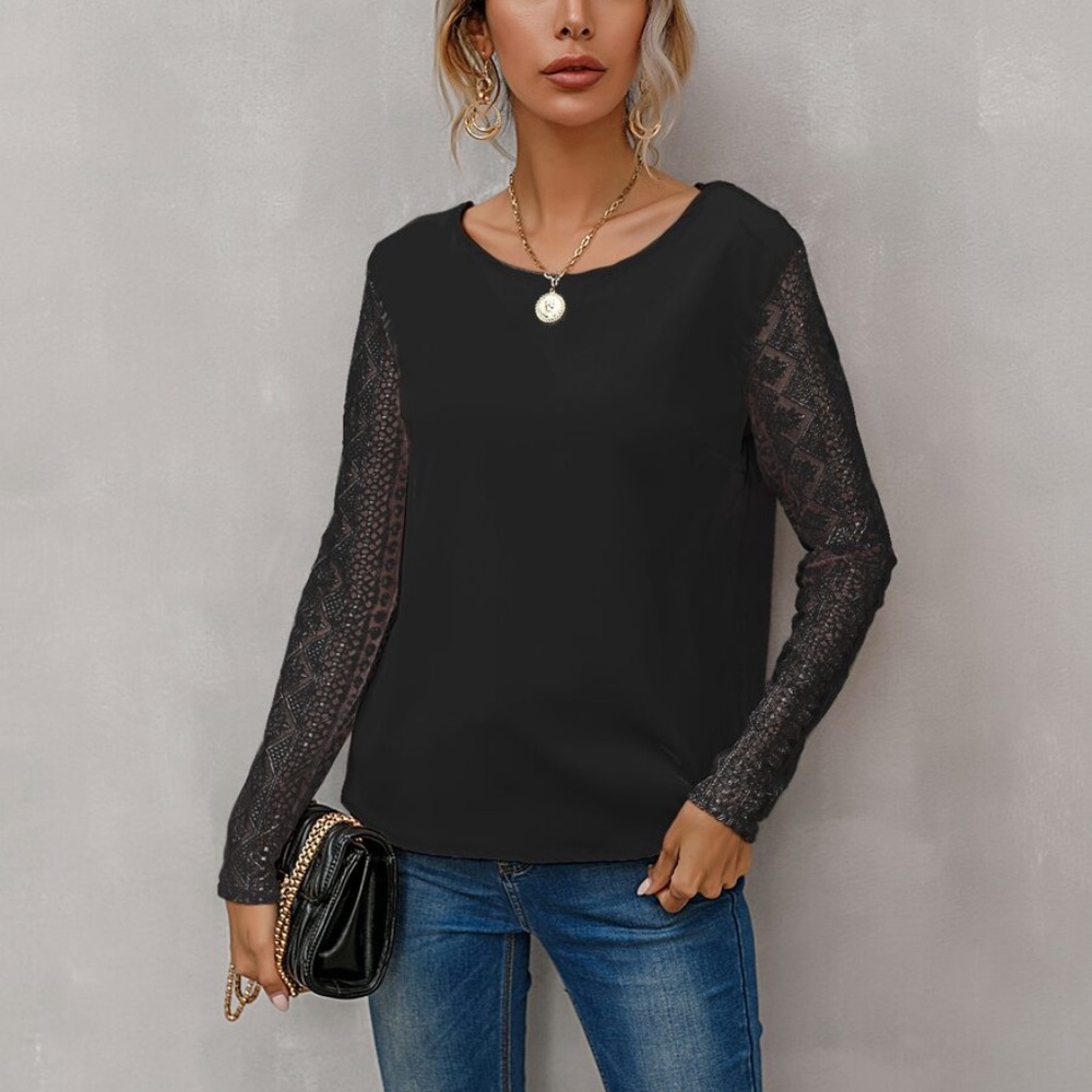 embroidered sheer long sleeve top open bacK black - Picture 4 of 10